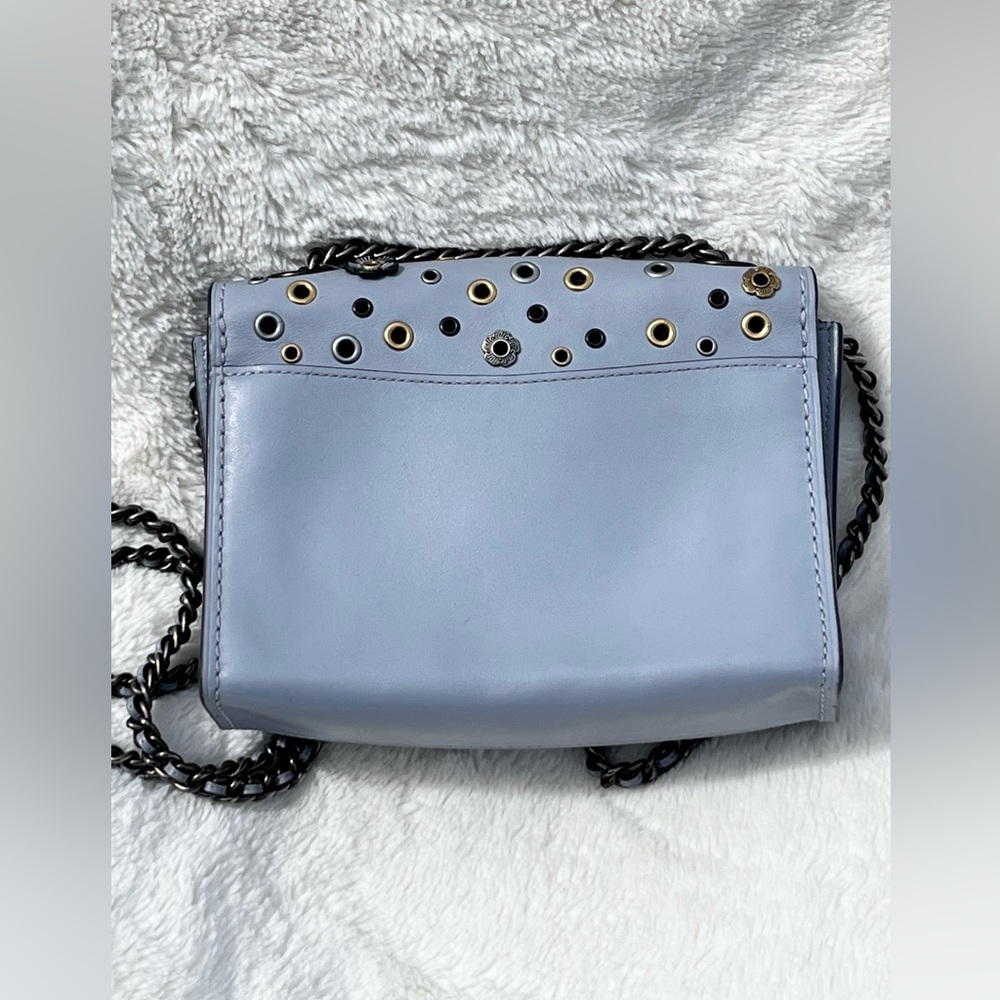 EUC Coach Parker 18 with Scattered Rivets in Blue Gray with Gunmetal Hardware - Picture 5 of 16